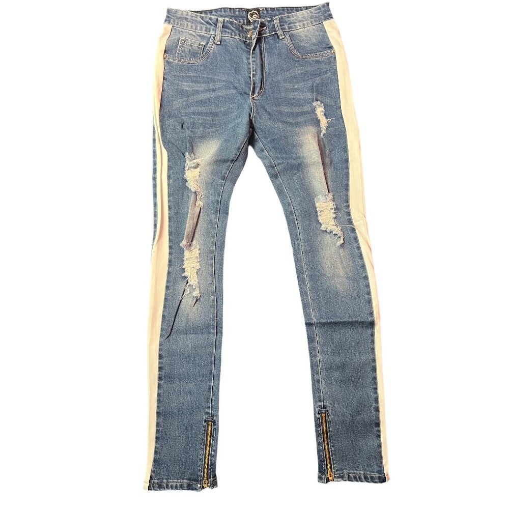 Men’s Distressed Skinny Jeans with White Side Stripes and Zippered Ankles